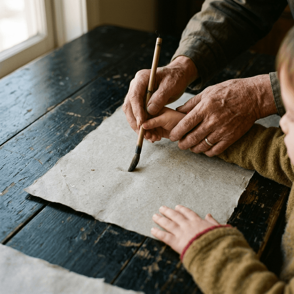 An older hand guiding a child's hand that holds a thin brush over paper